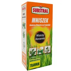Opakowanie środka "Mniszek" do zwalczania chwastów na trawniku. Niszczy korzenie babki, mleczu i koniczyny. Stosować, gdy chwasty są widoczne.