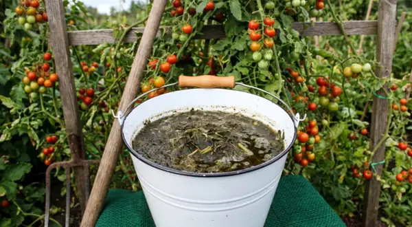Białe wiadro z zielonym płynem i liśćmi, obok widły i grządka pomidorów. To naturalny sposób, jak zrobić nawóz potasowy.