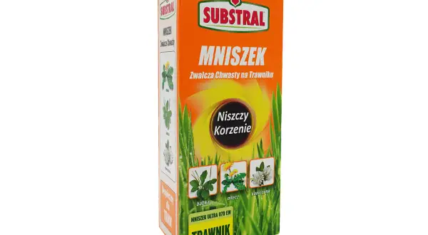 Opakowanie środka "Mniszek" do zwalczania chwastów na trawniku. Niszczy korzenie babki, mleczu i koniczyny. Stosować, gdy chwasty są widoczne.