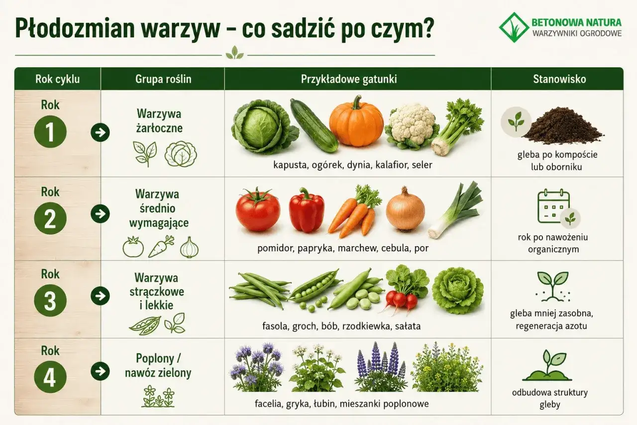 Po warzywach żarłocznych (rok 1) sadź pomidory, paprykę, marchew, cebulę. Płodozmian warzyw to klucz do sukcesu.