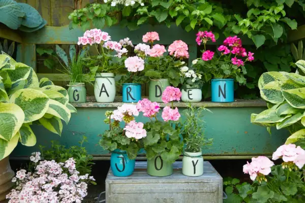 Kolorowe pelargonie w słoikach z literami tworzą napis "GARDEN JOY". Wskazówki jak sadzić pelargonie znajdziesz w tym pięknym, zielonym zakątku.