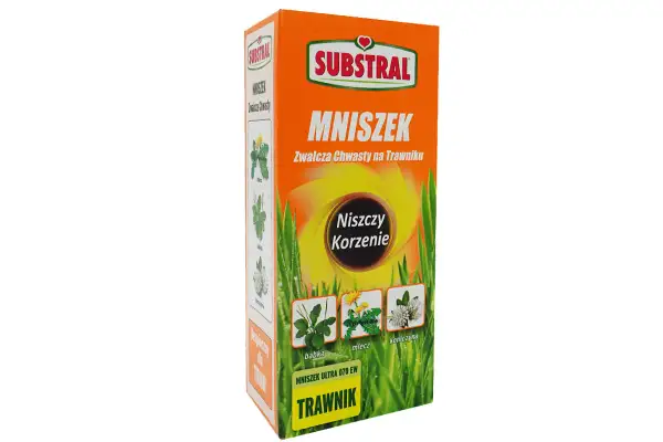 Opakowanie środka "Mniszek" do zwalczania chwastów na trawniku. Niszczy korzenie babki, mleczu i koniczyny. Stosować, gdy chwasty są widoczne.
