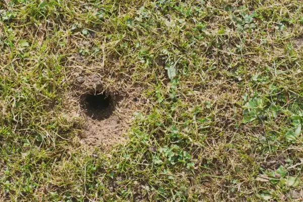 Małe dziurki w ziemi w ogrodzie, wyglądające jak wejścia do podziemnych tuneli.